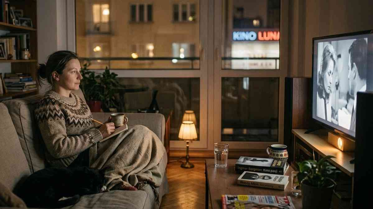 A woman watching a film in her living room, showing what cinematherapy at home looks like.