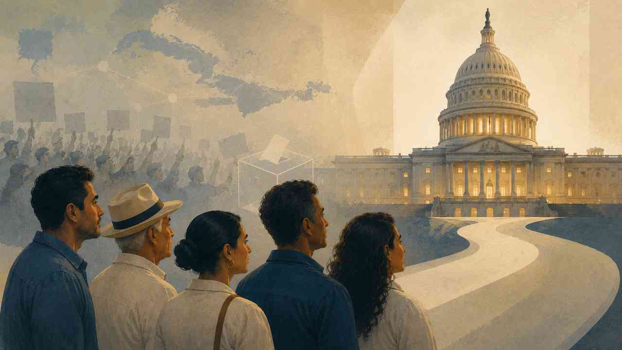 The illustration shows a group of Cubans standing on a road leading toward the US Capitol. In the background, one can see the outline of a demonstration, a ballot box, and a map of Cuba. The image symbolizes the influence of minorities on politics and shows how turnout, mobilization, and a shared interest build the political power of minorities.