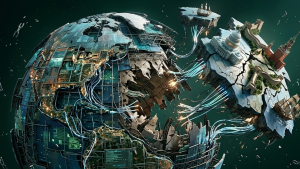 A disintegrating cybernetic globe illustrating the globalization crisis.