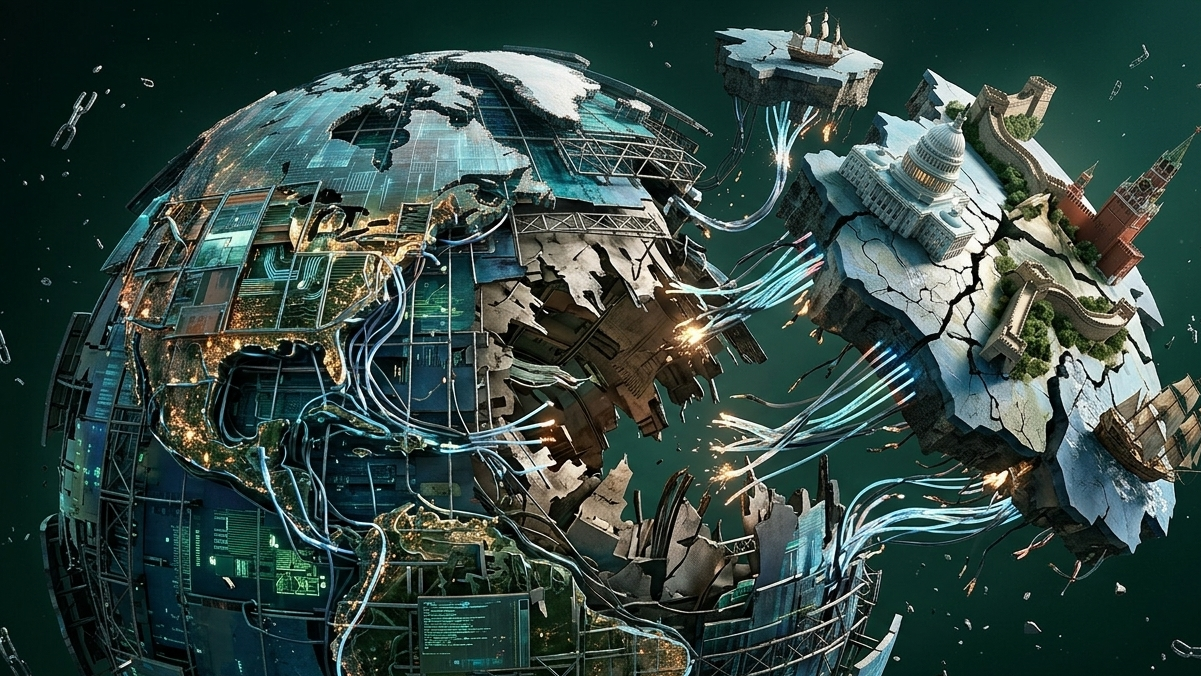 A disintegrating cybernetic globe illustrating the globalization crisis.