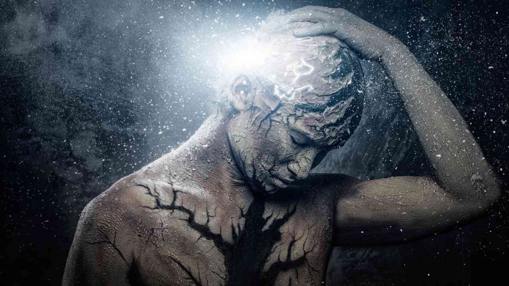 A symbolic illustration depicting a person whose body is beginning to crack and fall apart. The image refers to questions about how to stop aging, whether it is possible to extend human life, and whether we will one day become immortal.