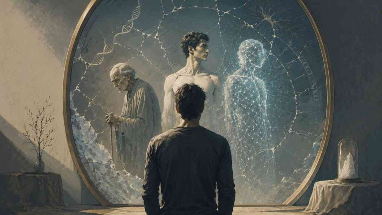 A man standing before a cracked mirror sees an old man, a young artificial body, and a digital figure — a symbol of the questions of whether we will become immortal and how to stop aging.