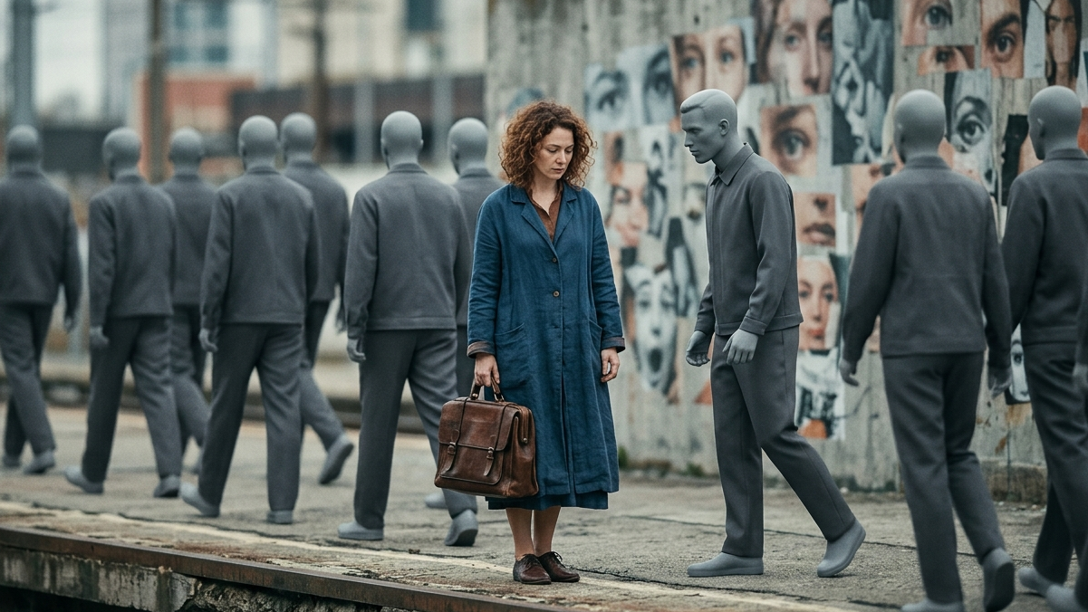 A woman in a pale blue coat stands out against a crowd of identical figures, illustrating how imitating others strips away individuality.