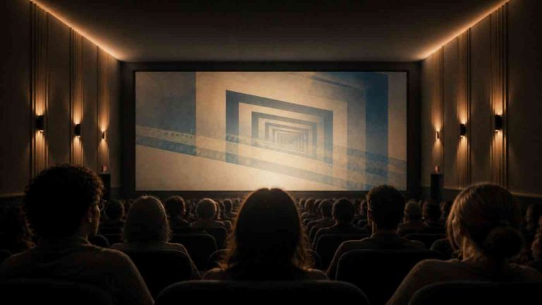 An audience in a cinema watching a screen with an abstract motif of recurring patterns as a metaphor for the lack of originality in cinema.