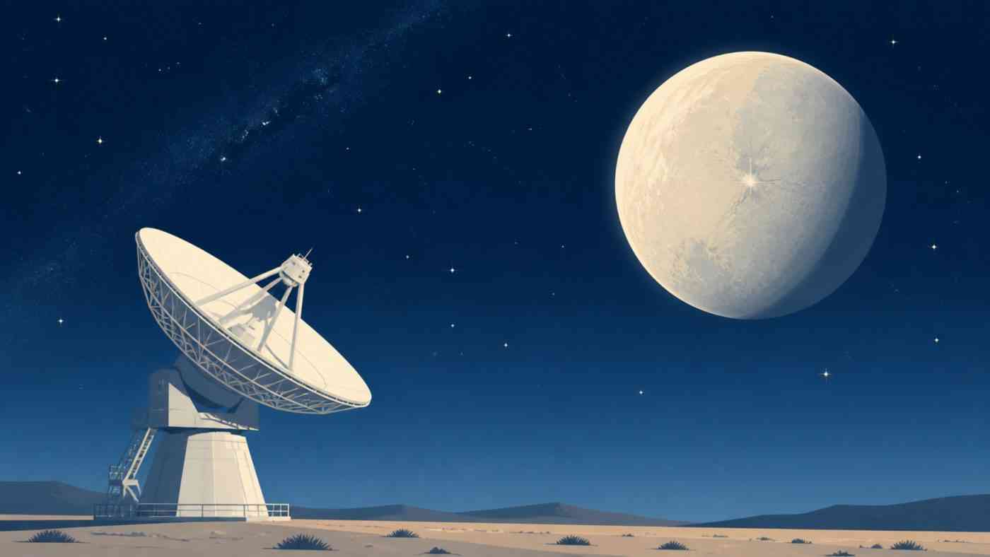 A radio telescope pointed toward a distant planet, symbolizing the search for signs of extraterrestrial life.