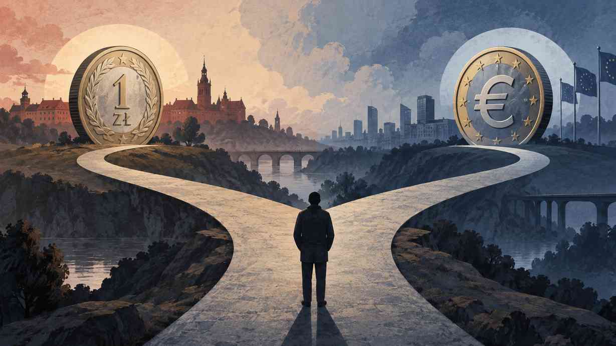 Poland between the zloty and the euro — a fork in the road leads to a zloty coin on one side and a euro coin on the other.