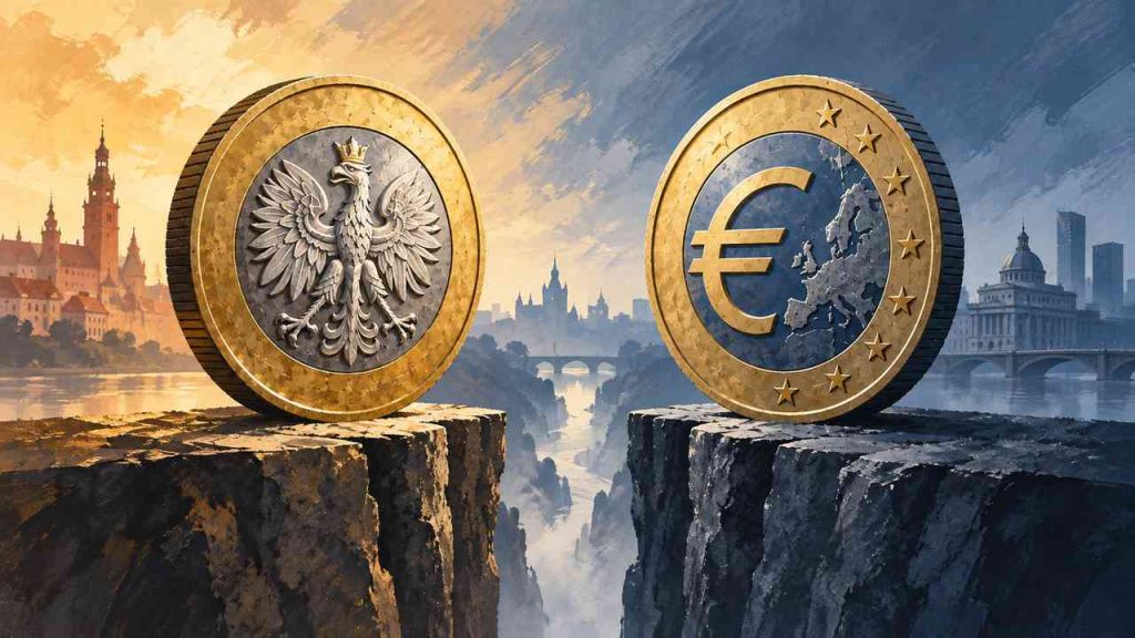 The illustration shows Poland facing a choice between the zloty and the euro.