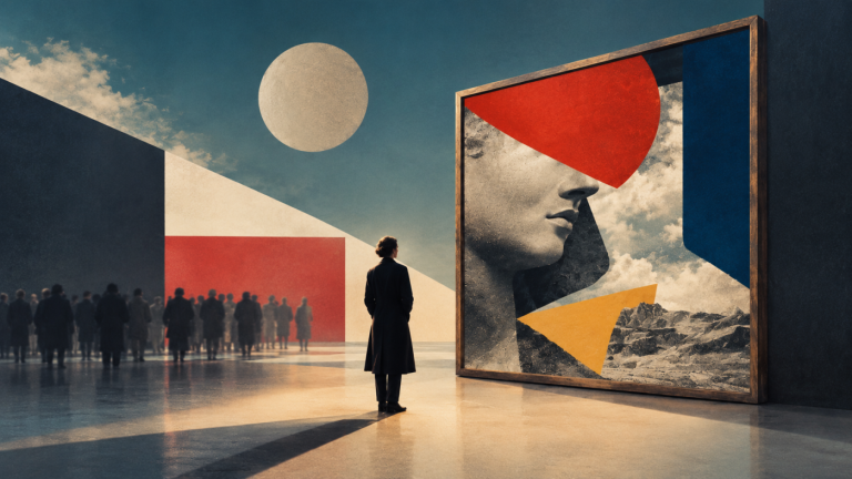 A person in a museum and a crowd moving toward the horizon, symbolizing the role of the avant-garde in art.