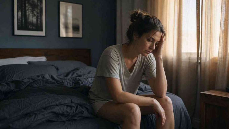 Sleep problems: a tired woman sitting on the edge of a bed at dawn