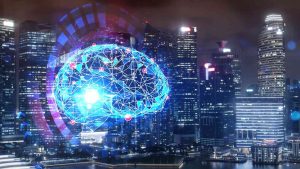 Singapore skyline at night with a graphic AI symbol in the shape of a digital brain.