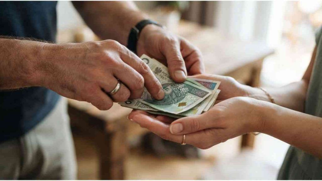 A man hands a woman a wad of banknotes won through gambling.