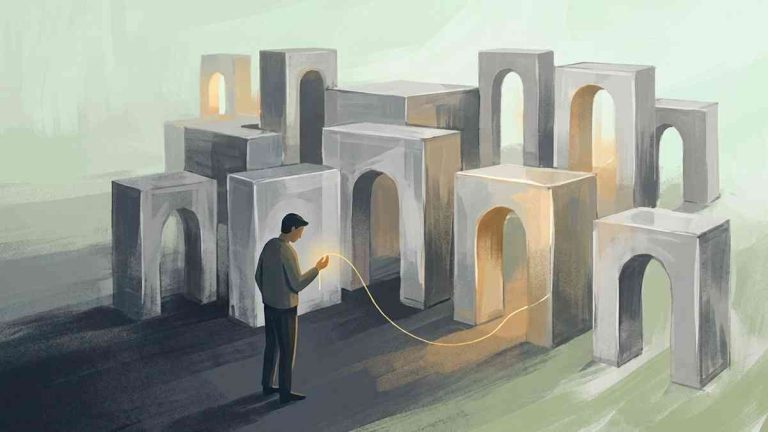 A man in a maze of identical gates holds a tangled, glowing thread, illustrating decision paralysis and the burden of too much choice.