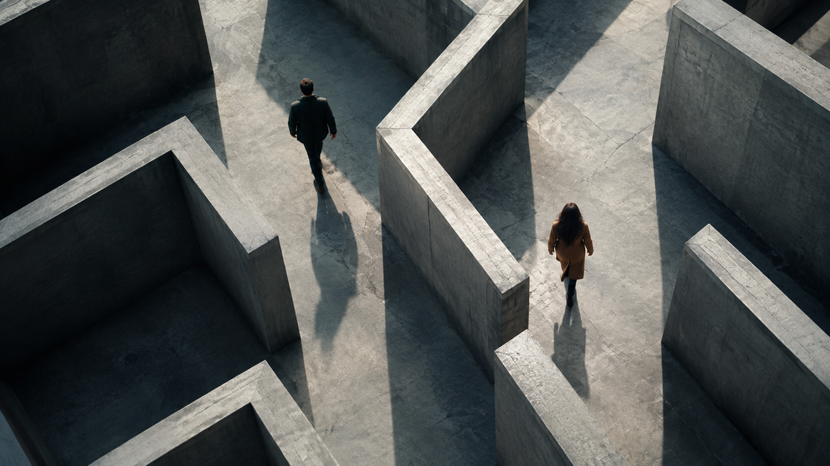 Two people in a labyrinth symbolizing the paradox of the prisoner’s dilemma.
