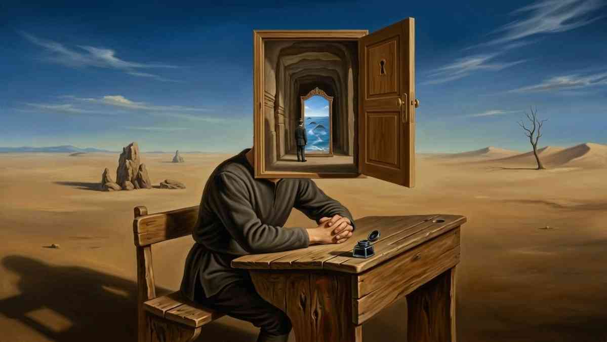 A figure sitting at a school desk with an open doorway instead of a head, symbolizing self-discovery.