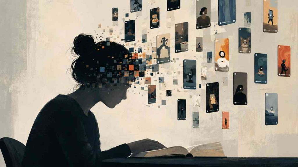A woman is reading a book while vertical frames of short videos float around her head, distracting her attention.