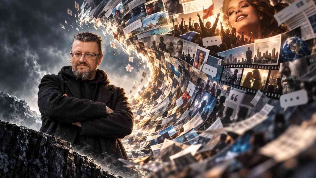Jacek Piekara stands alone on a rock, facing a great wave built from screens, newspapers, masks, and media images. This symbolic illustration captures the force of lies, propaganda, and informational chaos.