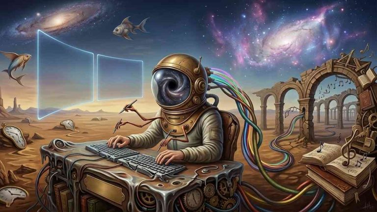 A man in a space helmet against a background of equipment, symbolizing a conversation with oneself via chat