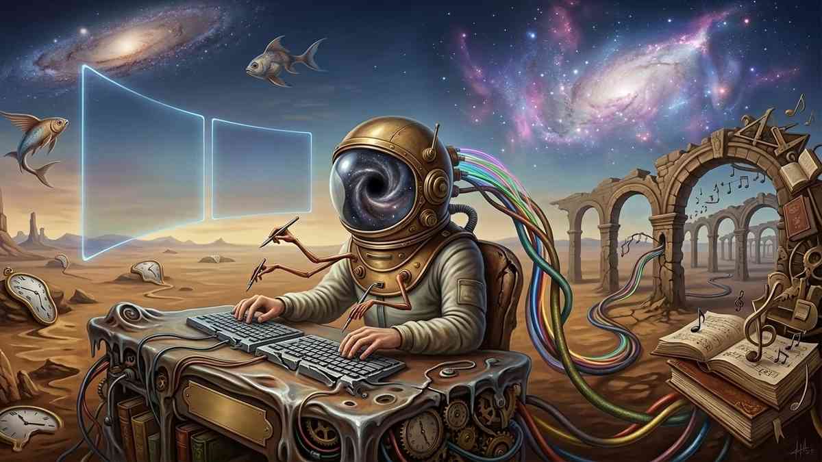 A man in a space helmet against a background of equipment, symbolizing a conversation with oneself via chat