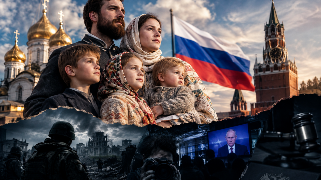 An image of a Russian family against the backdrop of the Russian flag.