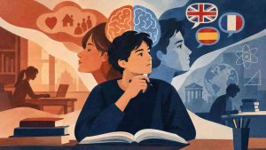 A person sits in front of a book and looks at flags, symbolizing the relationship between bilingualism and the brain.