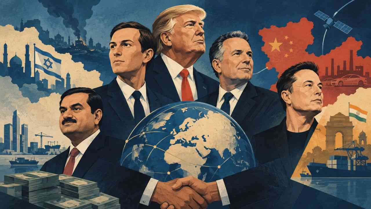 Five men, each looking in a different direction, are connected by a globe and a pair of clasped hands, symbolizing the relationship between billionaires and foreign policy.