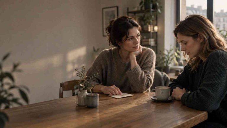 Two women at a table: one listens hesitantly, while the other lowers her gaze—a moment that illustrates why people hide their successes.