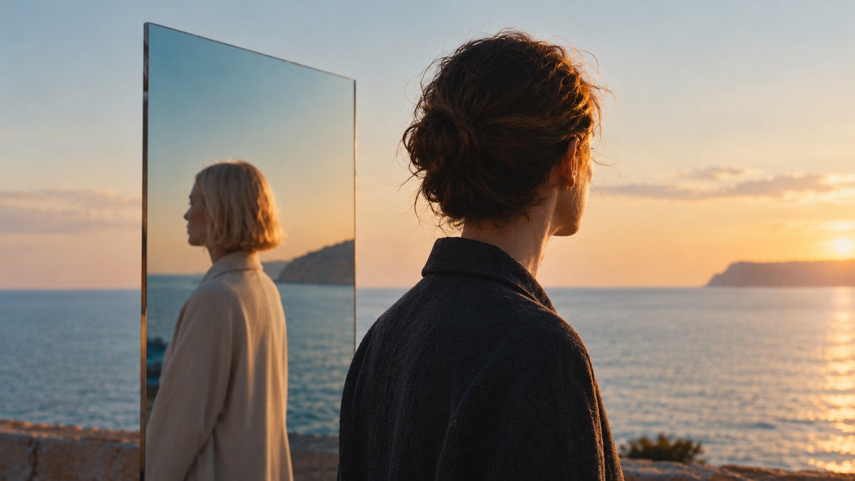 A woman gazing at the sea and her reflection in a mirror, symbolizing reflection on what it means to feel like a stranger.