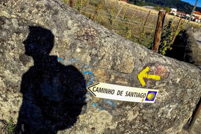 A pilgrim on the route to Santiago. Pilgrimage from Porto in Portugal to Santiago de Compostela