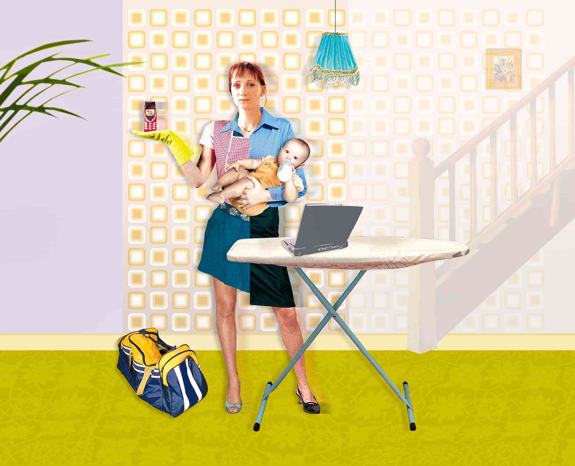 Mother with ironing board holding cell phone and baby