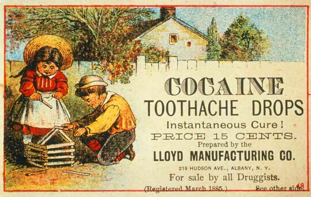 Cocaine toothache drops. Advertisement for cocaine toothache drops, featuring two children playing happily. Cocaine, a type of alkaloid drug, was first isolated from the leaves of the coca plant, Erythroxylon coca, in 1855. It became widely used as a local anaesthetic, but its use is now restricted due to its addictive nature. Image of an advertisement from about 1885.