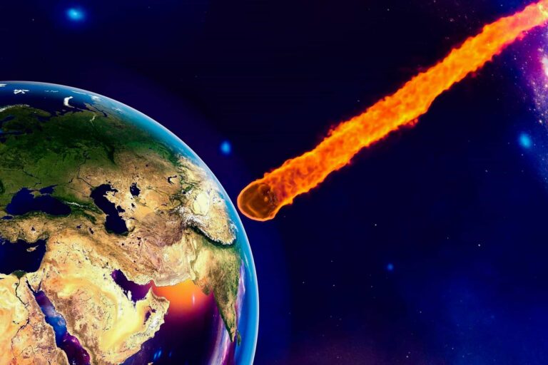 Asteroid approaching to the Earth on background with stars and galaxies