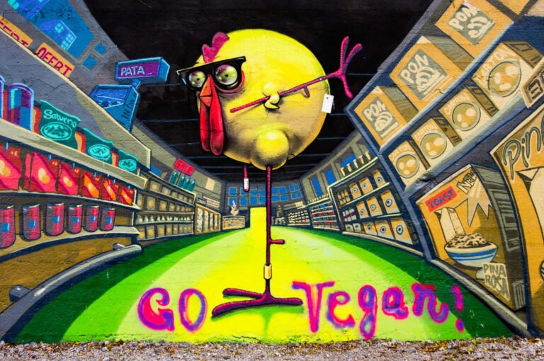 Go Vegan' graffiti on the banks of the River Limmat in Zurich