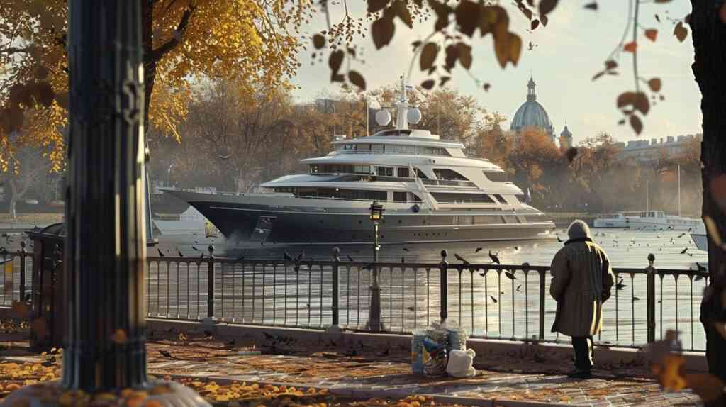 Starsza osoba ogląda luksusowy jacht płynący rzeką