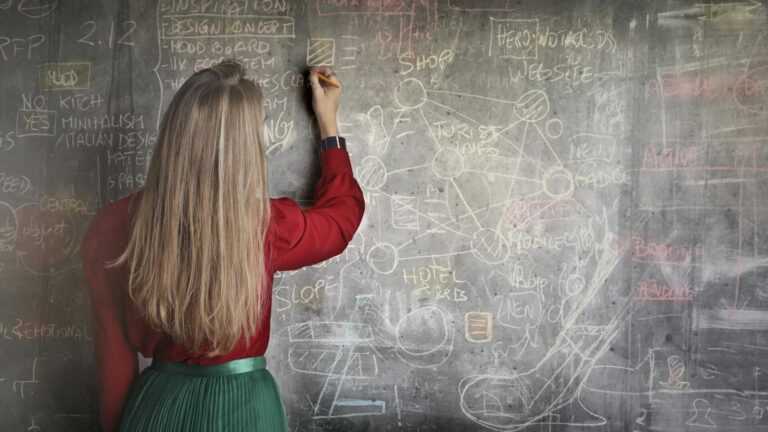 różnorodność edukacji, kobieta pisząca coś na szkolnej tablicy.