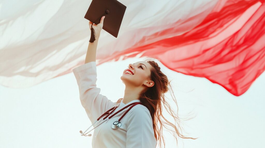 Służba wojskowa: młoda lekarka cieszy się z ukończenia studiów, podrzuca biret, w tle polska flaga