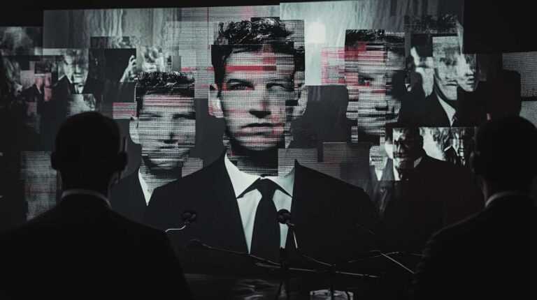 Dezinformacja w internecie: surrealistyczny obraz przemówienia polityka, jego obraz na ekranie rozpada się na wiele mniejszych, fałszywych