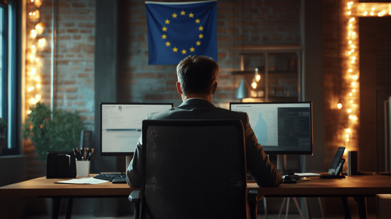 AI w urzędach: mężczyzna siedzący przed dwoma komputerami z flagą Unii Europejskiej.