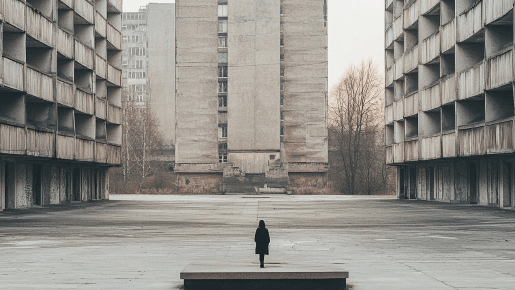 Miasta bez ludzi. Kobieta w pustym mieście w otoczeniu betonowych budynków