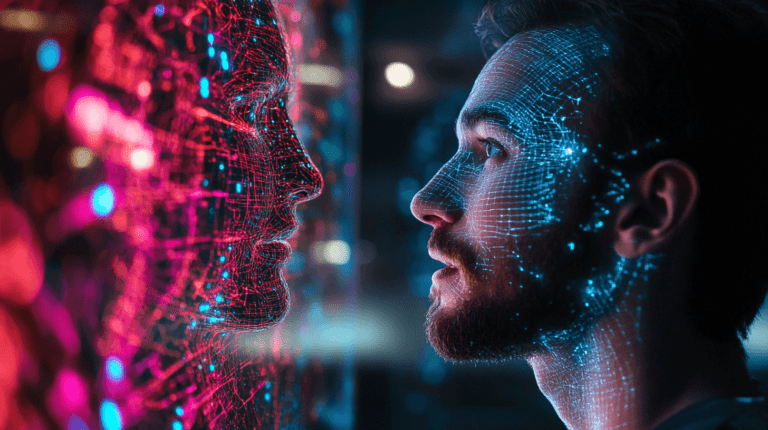 agenci AI, mężczyzna rozmawia ze sztuczną inteligencją