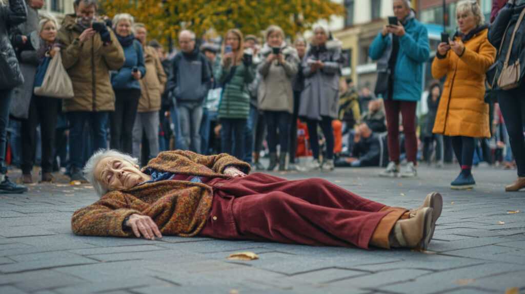 efekt widza: starsza kobieta upadła na chodniku, wokół niej zebrał się tłum gapiów. 