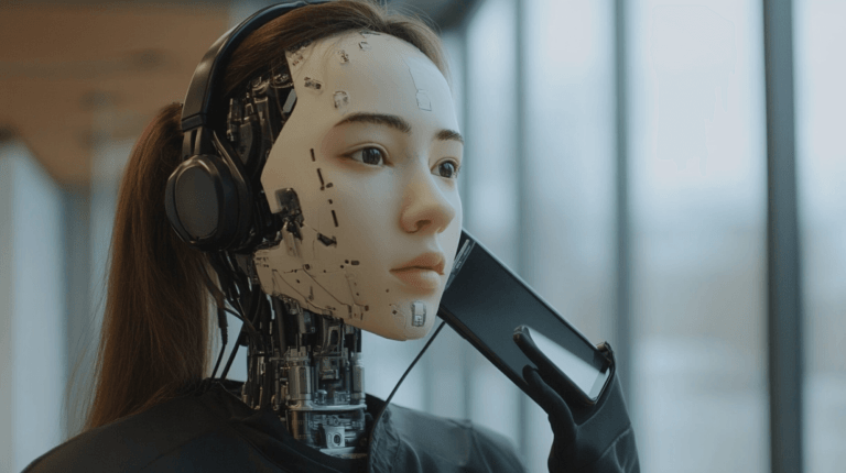Modele AI, robot rozmawia przez telefon