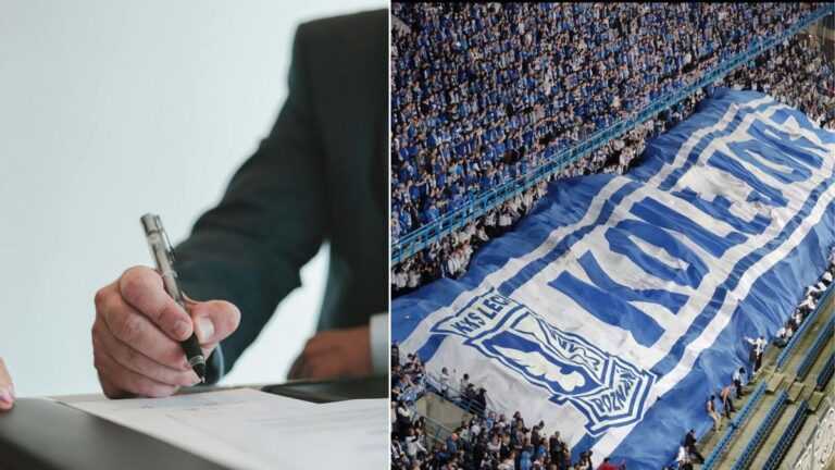 Inwestycje w sport: po lewej stronie biznesmen podpisujący dokument, po prawej zdjęcie z trybun stadionu z wielką flagą Lecha Poznań