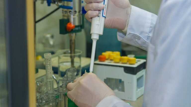 Niezwykłe gąsienice. Fot. trank/pixabay. Ręka w rękawiczce obsługuje pipetę w nowoczesnym laboratorium chemicznym