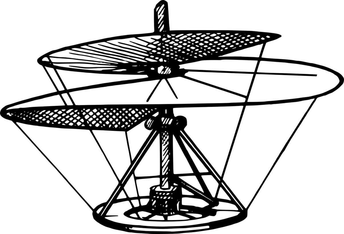 bardzo cichy dron, fot. biggerthanpluto/pixabay. Rysunkowa wizualizacja maszyny latającej Leonarda da Vinci przedstawia spiralny, pionowy wirnik przypominający śrubę, osadzony na centralnym maszcie i otoczony ramą z płótna lub żagli.