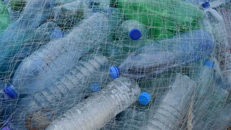 leki przeciwbólowe z plastiku, Fot. MatthewGollop/pixabay, Plastikowe butelki uwięzione w siatce symbolizują problem globalnych odpadów.