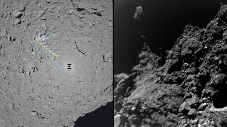 minerały z kosmosu, Fot. JAXA/MASCOT/DLR/JAXA. Skalista powierzchnia asteroidy Ryugu oraz ścieżkę lądownika MASCOT, który odbijał się od jej nierównego terenu.