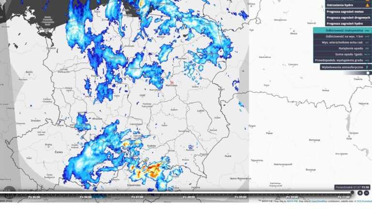 Zagrożenie powodziowe w polsce, Fot. IMGW,. Radarowa mapa opadów pokazuje intensywne deszcze nad południową Polską, wskazując na realne zagrożenie powodziowe w regionie.