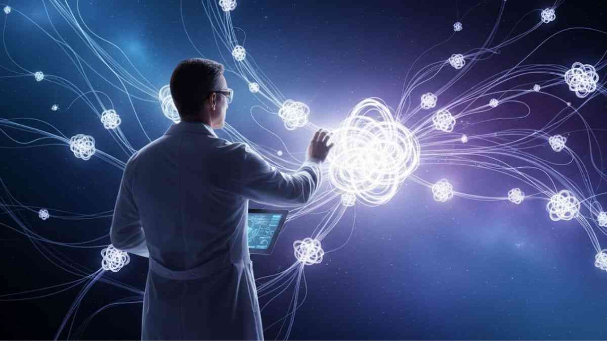 Kryształy ze świata: mężczyzna w kitlu laboratoryjnym stoi przed wiązkami światła zawiązanymi w supeł. Fot. Gemini AI