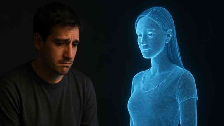 AI zastępuje związki: mężczyzna obok cyfrowego hologramu kobiety. Fot. Przemysław Kołodziej / ChatGPT
