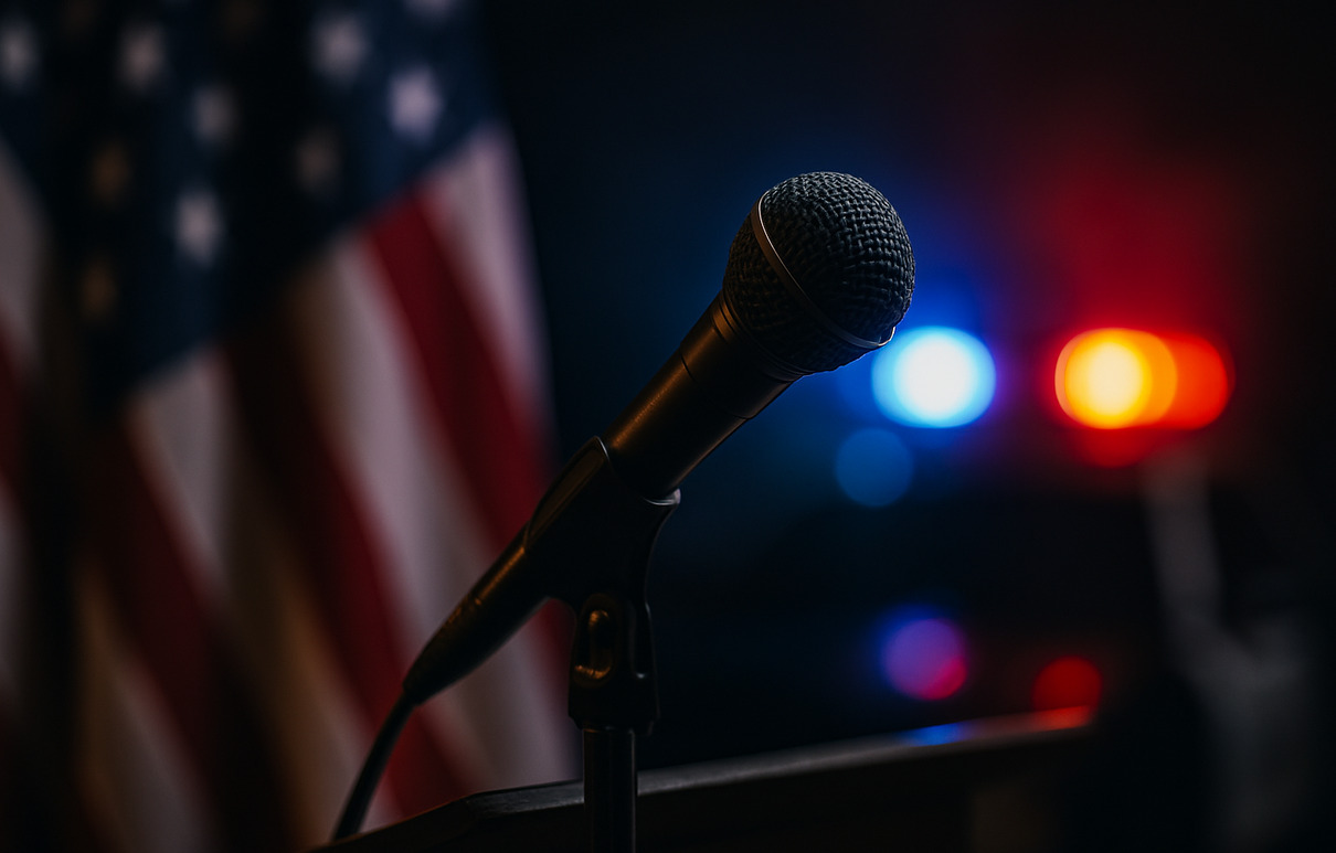 Symboliczne ujęcie napięcia politycznego w USA – mikrofon na tle flagi amerykańskiej i świateł policyjnych.